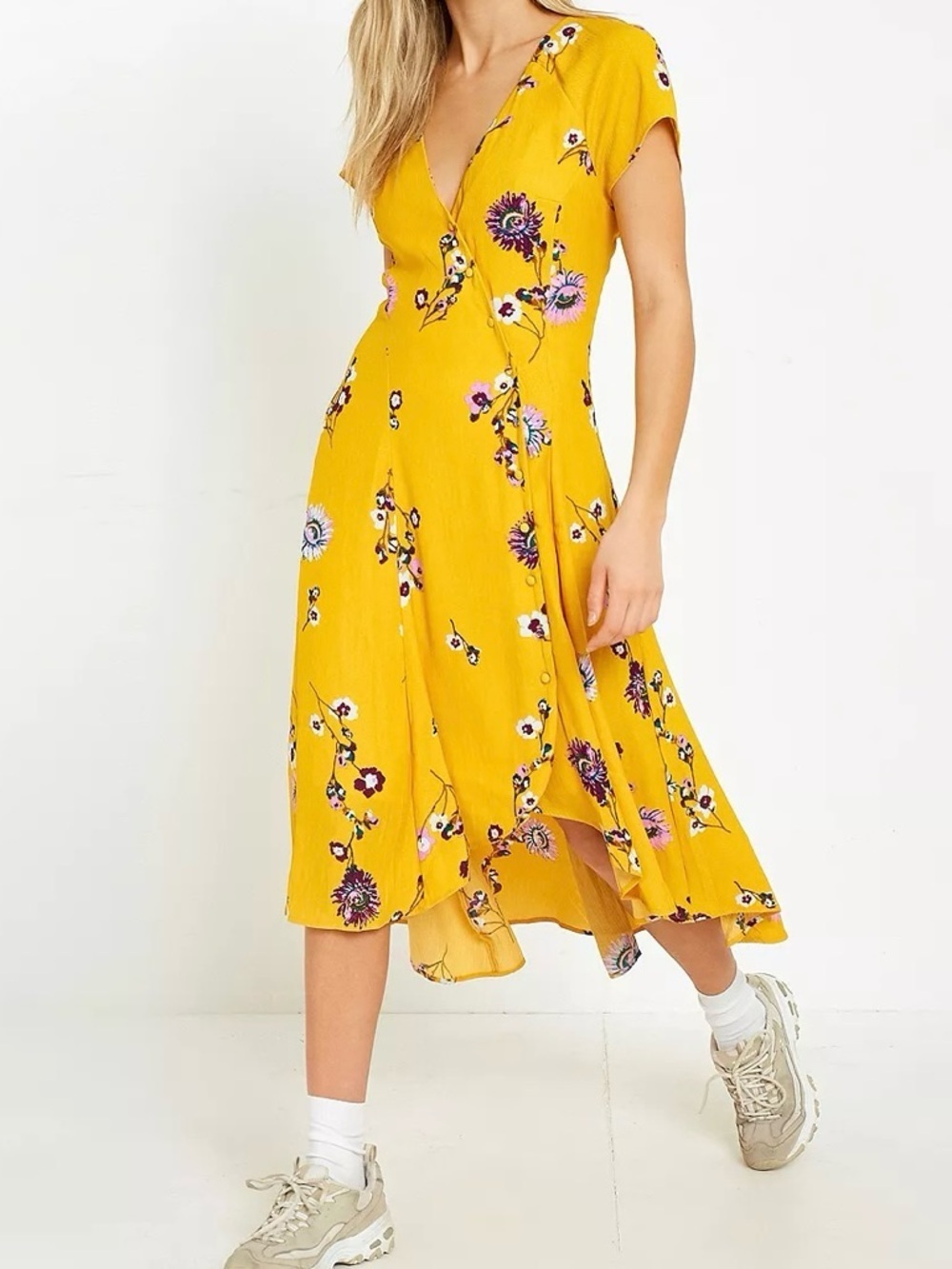 Free People Lost in You Yellow Floral Midi Dress • Size S • Hi-Lo Hem • $128